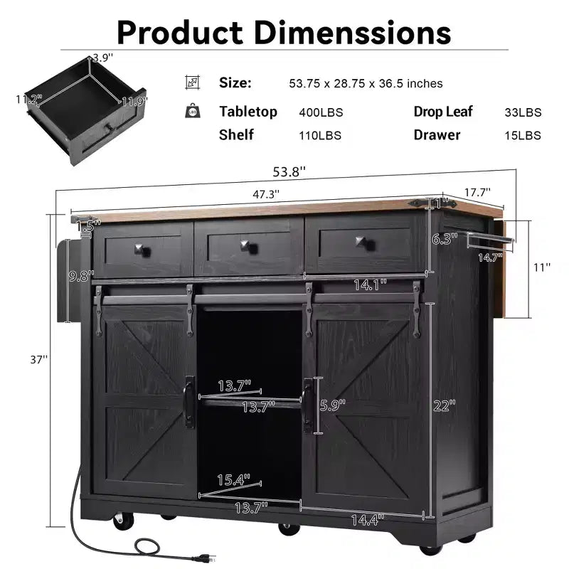 Whisen Farmhouse Wood Kitchen Cart with Drop Leaf, 2-Sliding Barn Doors, Towel Rack, Spice Rack, 3-Drawers