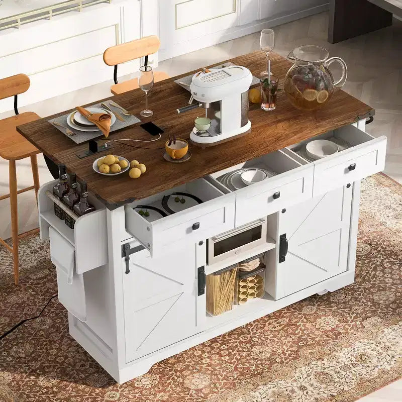 Whisen Farmhouse Wood Kitchen Cart with Drop Leaf, 2-Sliding Barn Doors, Towel Rack, Spice Rack, 3-Drawers
