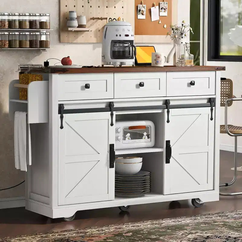 Whisen Farmhouse Wood Kitchen Cart with Drop Leaf, 2-Sliding Barn Doors, Towel Rack, Spice Rack, 3-Drawers