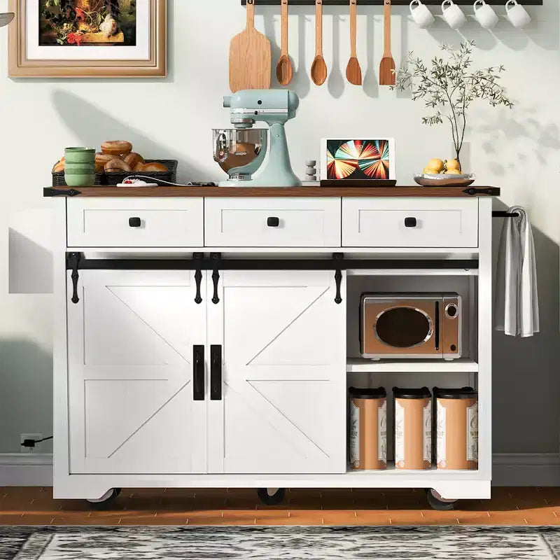 Whisen Farmhouse Wood Kitchen Cart with Drop Leaf, 2-Sliding Barn Doors, Towel Rack, Spice Rack, 3-Drawers