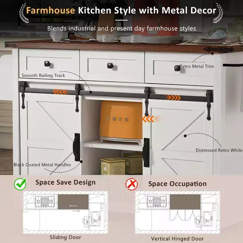 Whisen Farmhouse Wood Kitchen Cart with Drop Leaf, 2-Sliding Barn Doors, Towel Rack, Spice Rack, 3-Drawers