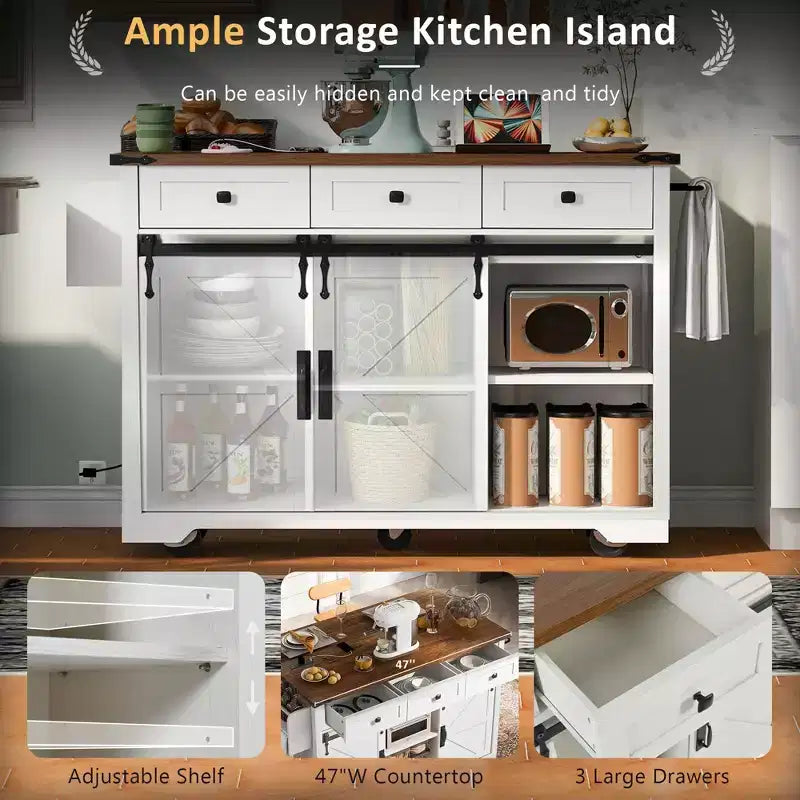 Whisen Farmhouse Wood Kitchen Cart with Drop Leaf, 2-Sliding Barn Doors, Towel Rack, Spice Rack, 3-Drawers