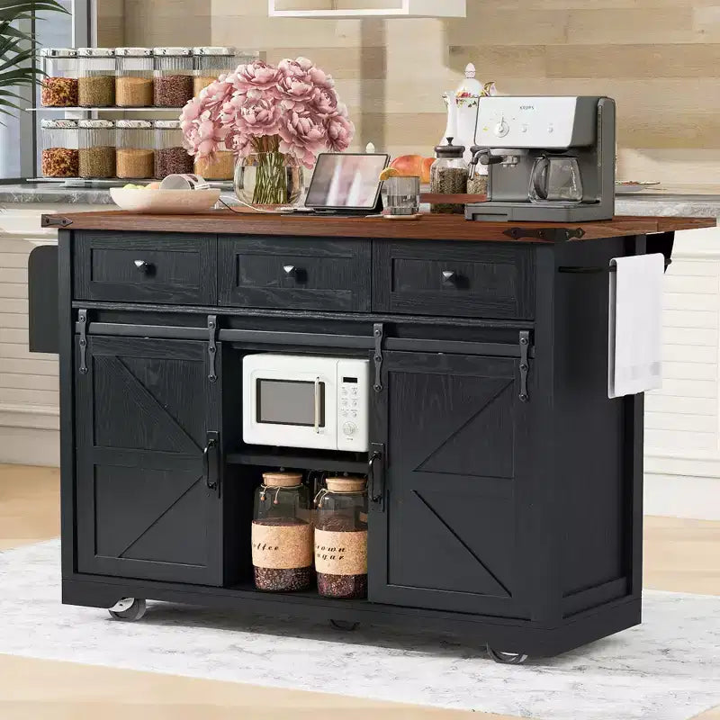 Whisen Farmhouse Wood Kitchen Cart with Drop Leaf, 2-Sliding Barn Doors, Towel Rack, Spice Rack, 3-Drawers