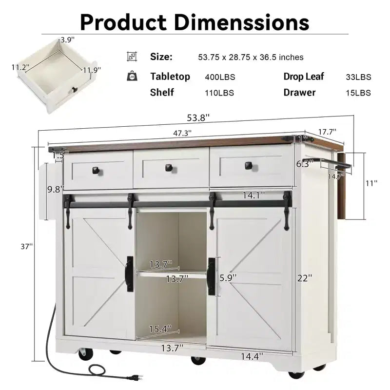 Whisen Farmhouse Wood Kitchen Cart with Drop Leaf, 2-Sliding Barn Doors, Towel Rack, Spice Rack, 3-Drawers