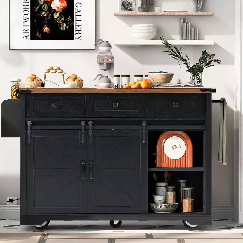 Whisen Farmhouse Wood Kitchen Cart with Drop Leaf, 2-Sliding Barn Doors, Towel Rack, Spice Rack, 3-Drawers
