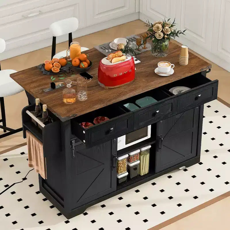 Whisen Farmhouse Wood Kitchen Cart with Drop Leaf, 2-Sliding Barn Doors, Towel Rack, Spice Rack, 3-Drawers