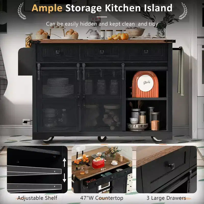 Whisen Farmhouse Wood Kitchen Cart with Drop Leaf, 2-Sliding Barn Doors, Towel Rack, Spice Rack, 3-Drawers