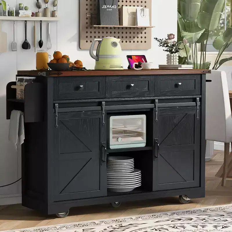 Whisen Farmhouse Wood Kitchen Cart with Drop Leaf, 2-Sliding Barn Doors, Towel Rack, Spice Rack, 3-Drawers