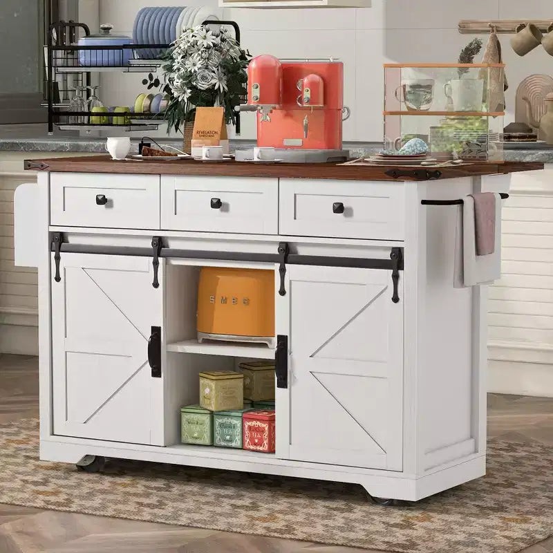 Whisen Farmhouse Wood Kitchen Cart with Drop Leaf, 2-Sliding Barn Doors, Towel Rack, Spice Rack, 3-Drawers