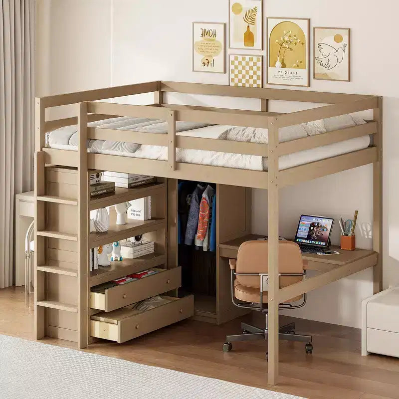 Full Size Wood Loft Bed with Built-in Wardrobe, Desk, Storage Shelves and Drawers - ModernLuxe