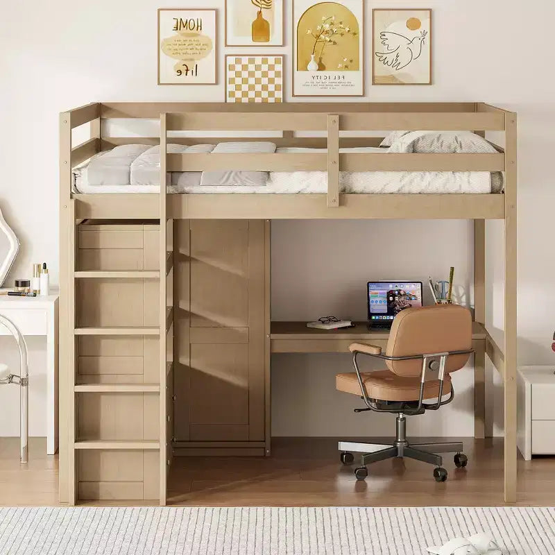 Full Size Wood Loft Bed with Built-in Wardrobe, Desk, Storage Shelves and Drawers - ModernLuxe