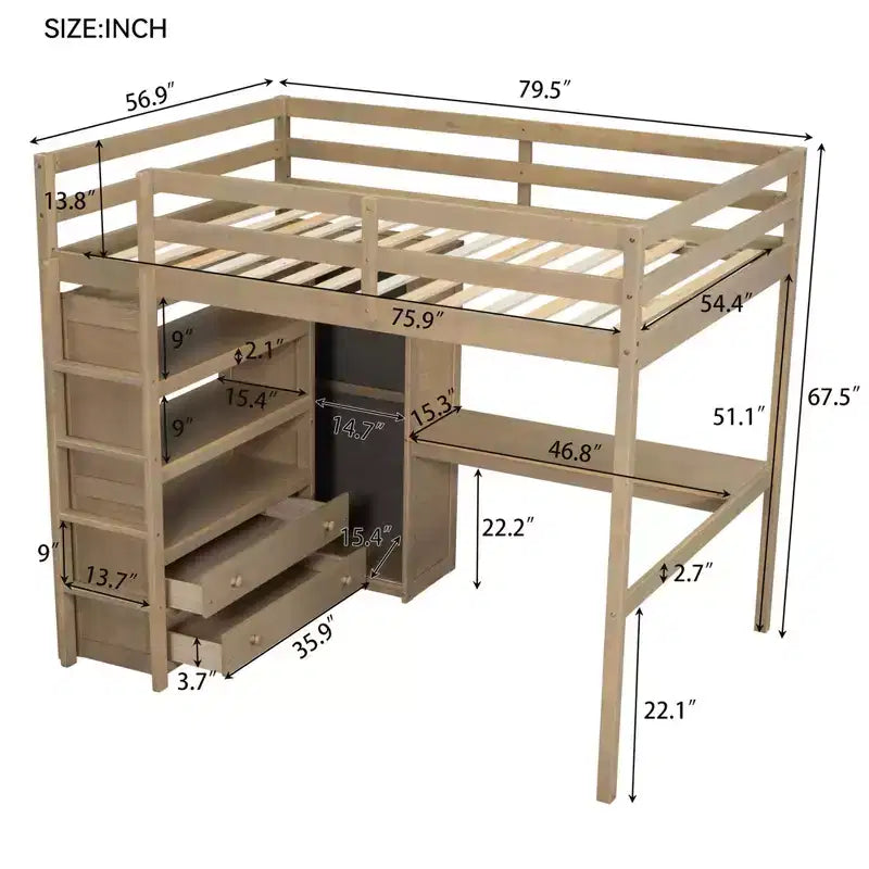 Full Size Wood Loft Bed with Built-in Wardrobe, Desk, Storage Shelves and Drawers - ModernLuxe