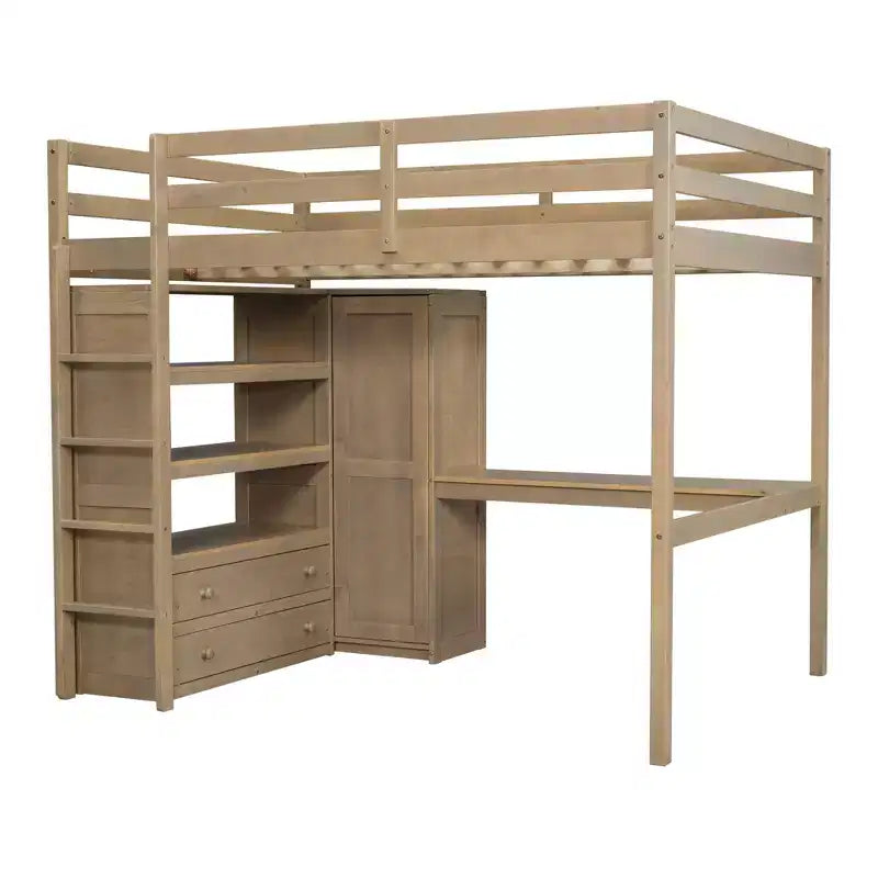 Full Size Wood Loft Bed with Built-in Wardrobe, Desk, Storage Shelves and Drawers - ModernLuxe