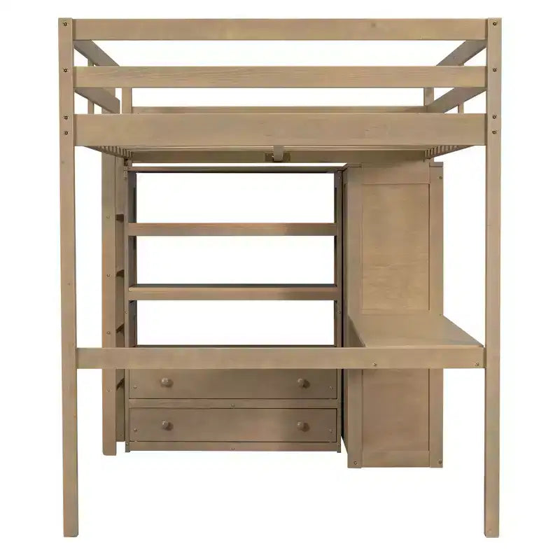Full Size Wood Loft Bed with Built-in Wardrobe, Desk, Storage Shelves and Drawers - ModernLuxe
