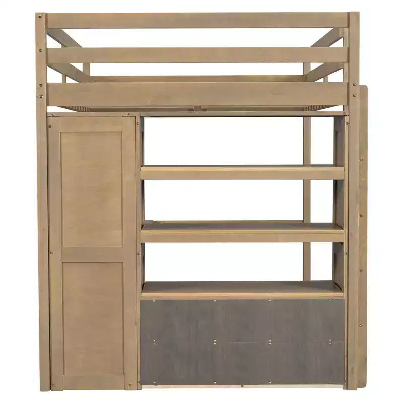 Full Size Wood Loft Bed with Built-in Wardrobe, Desk, Storage Shelves and Drawers - ModernLuxe