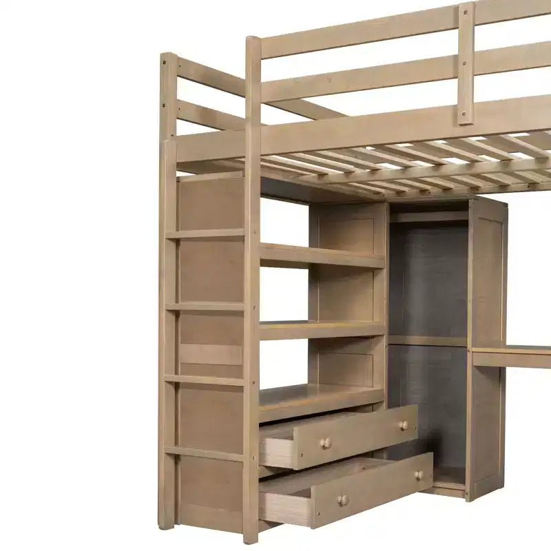 Full Size Wood Loft Bed with Built-in Wardrobe, Desk, Storage Shelves and Drawers - ModernLuxe