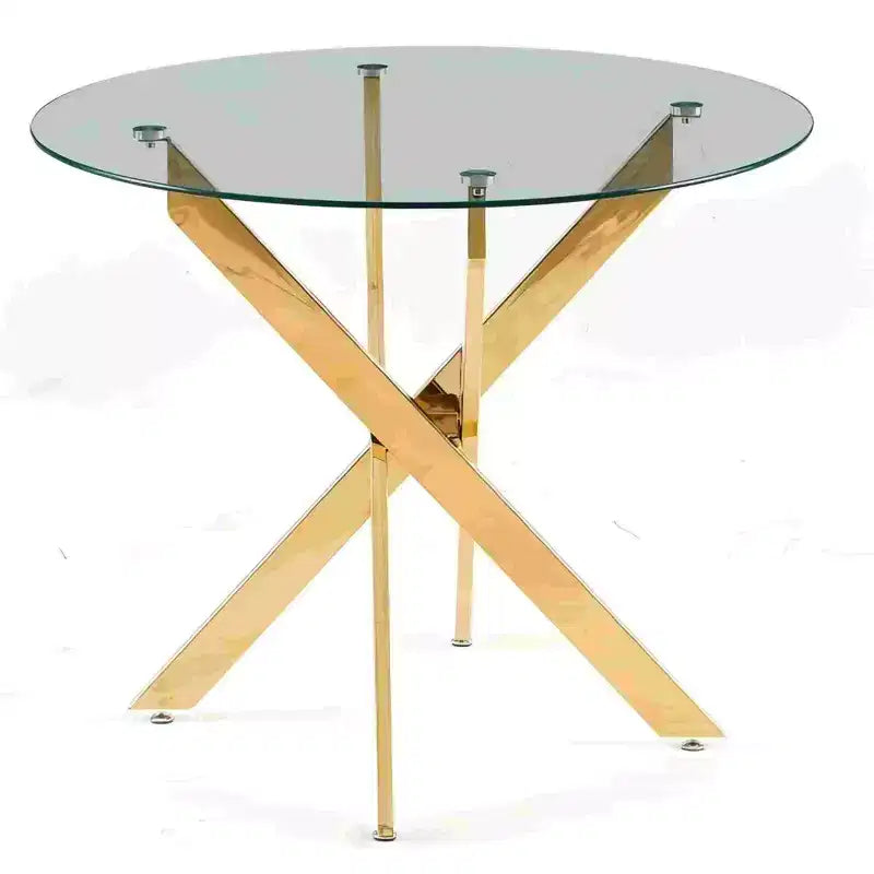 Stylish Golden Dining Table with Glass Top and Cross Legs