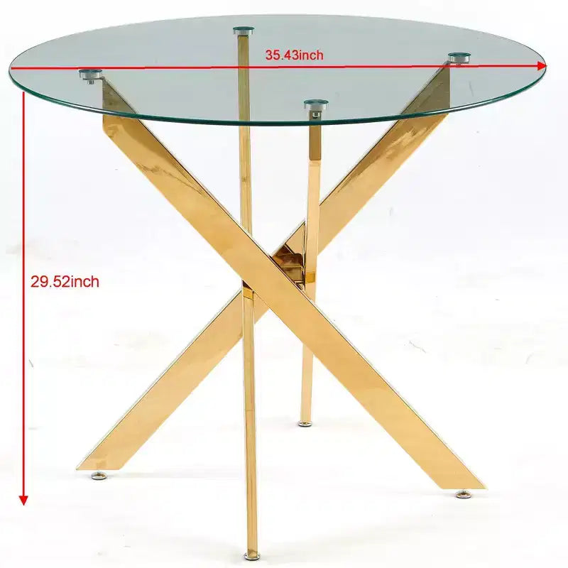Stylish Golden Dining Table with Glass Top and Cross Legs