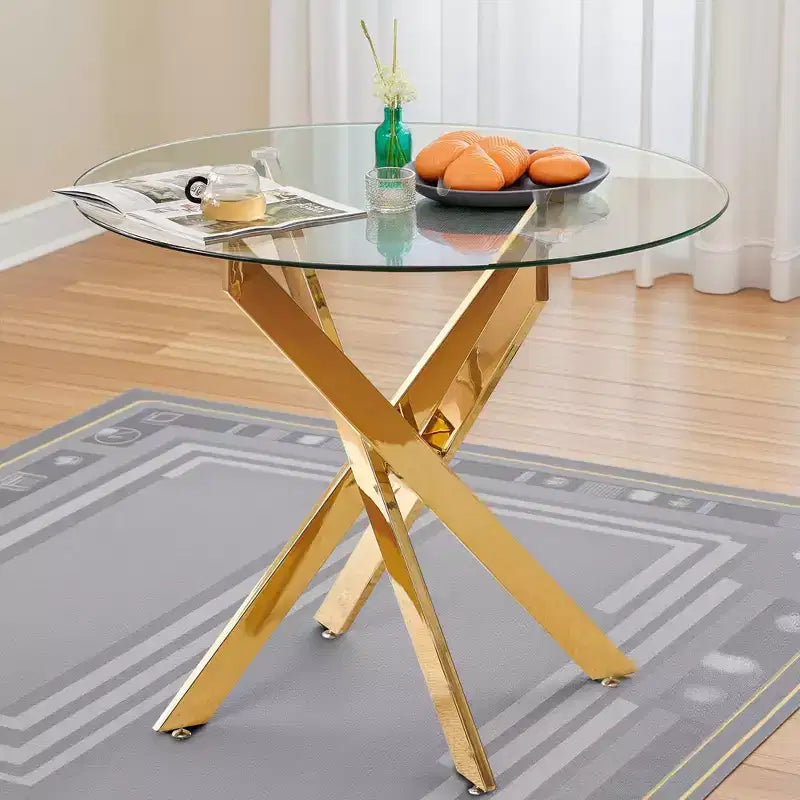 Stylish Golden Dining Table with Glass Top and Cross Legs