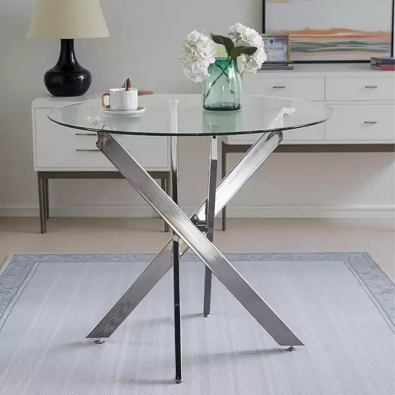 Stylish Golden Dining Table with Glass Top and Cross Legs