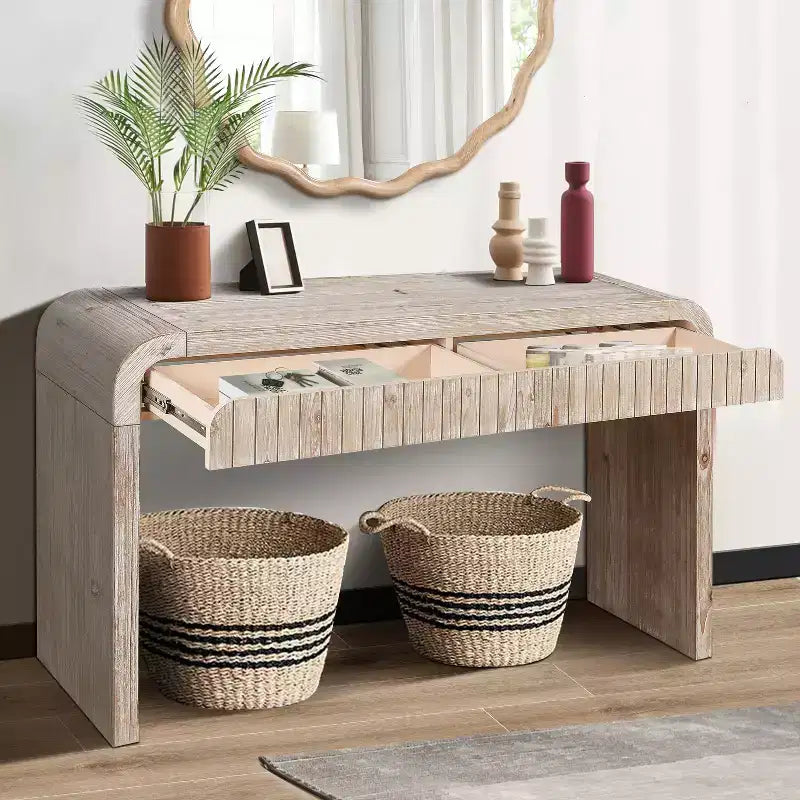 59''W Farmhouse Console Table with 2 Hidden Handle Drawers, Vintage Crafted Entryway Table - ModernLuxe