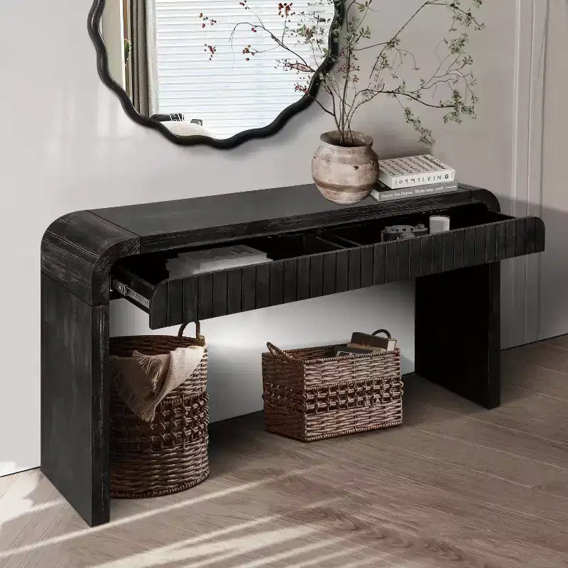 59''W Farmhouse Console Table with 2 Hidden Handle Drawers, Vintage Crafted Entryway Table - ModernLuxe