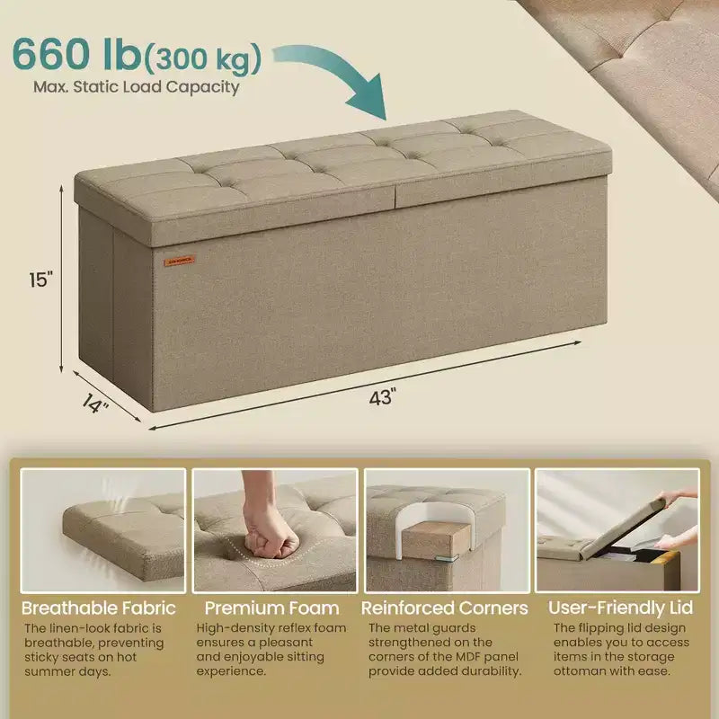 43 Storage Ottoman Bench, Ottoman with Storage, Ottoman Bench, Hold up to 660lb for Living Room