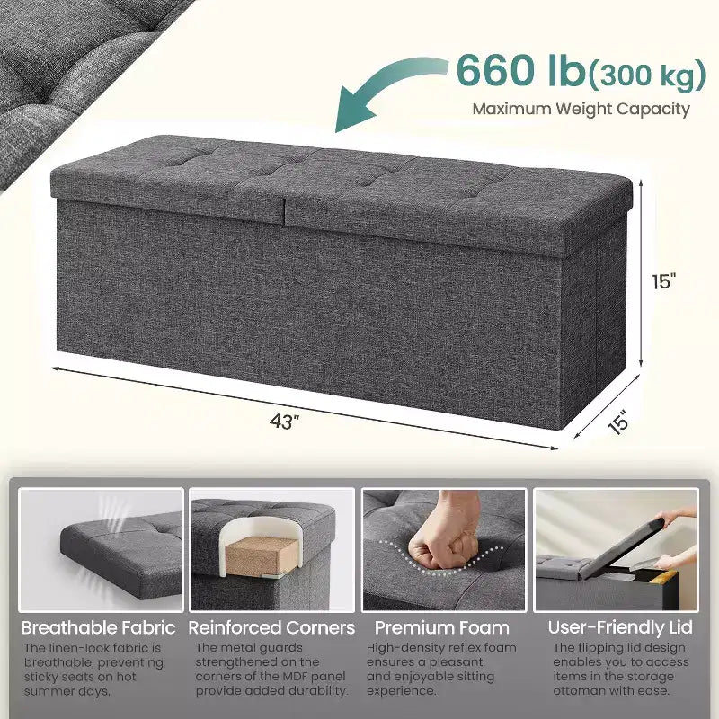 43 Storage Ottoman Bench, Ottoman with Storage, Ottoman Bench, Hold up to 660lb for Living Room