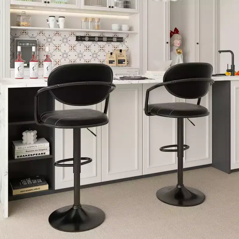 VECELO Bar Stools Set of 2, Adjustable Counter Height Bar Stools with Back and Arm, Swivel Bar Chairs, PU Leather Kitchen Island Stools, Black/White