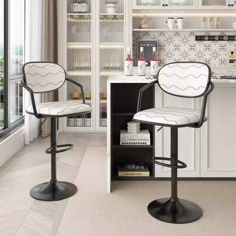 VECELO Bar Stools Set of 2, Adjustable Counter Height Bar Stools with Back and Arm, Swivel Bar Chairs, PU Leather Kitchen Island Stools, Black/White