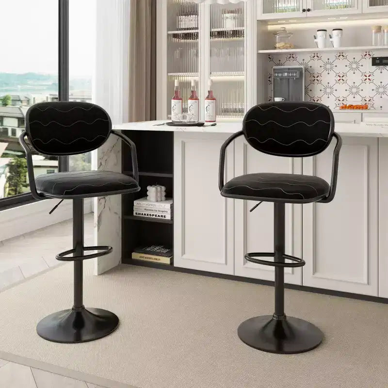 VECELO Bar Stools Set of 2, Adjustable Counter Height Bar Stools with Back and Arm, Swivel Bar Chairs, PU Leather Kitchen Island Stools, Black/White