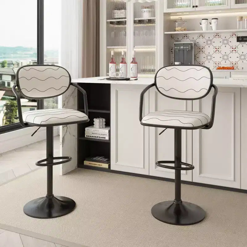 VECELO Bar Stools Set of 2, Adjustable Counter Height Bar Stools with Back and Arm, Swivel Bar Chairs, PU Leather Kitchen Island Stools, Black/White