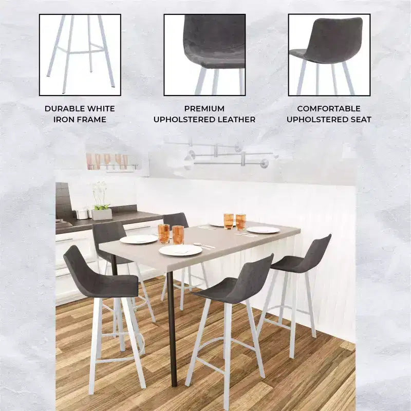LeisureMod Elland 41 Upholstered Leather Bar Stool with Iron Legs - Modern White Base and Footrest Counter Height Stool for Kitchen and Bar, Set of 2