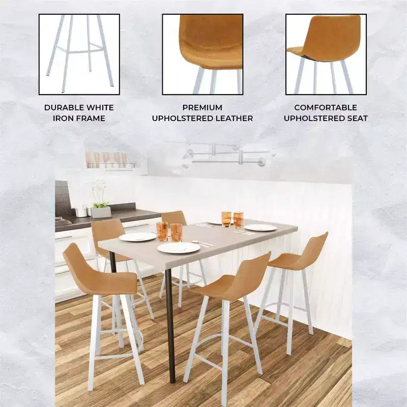 LeisureMod Elland 41 Upholstered Leather Bar Stool with Iron Legs - Modern White Base and Footrest Counter Height Stool for Kitchen and Bar, Set of 2