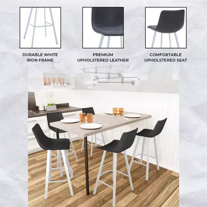 LeisureMod Elland 41 Upholstered Leather Bar Stool with Iron Legs - Modern White Base and Footrest Counter Height Stool for Kitchen and Bar, Set of 2
