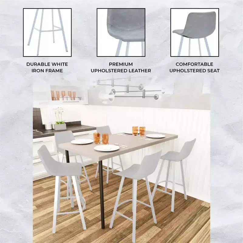 LeisureMod Elland 41 Upholstered Leather Bar Stool with Iron Legs - Modern White Base and Footrest Counter Height Stool for Kitchen and Bar, Set of 2