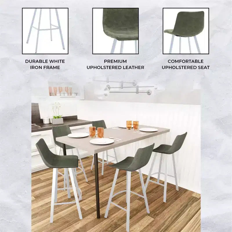 LeisureMod Elland 41 Upholstered Leather Bar Stool with Iron Legs - Modern White Base and Footrest Counter Height Stool for Kitchen and Bar, Set of 2