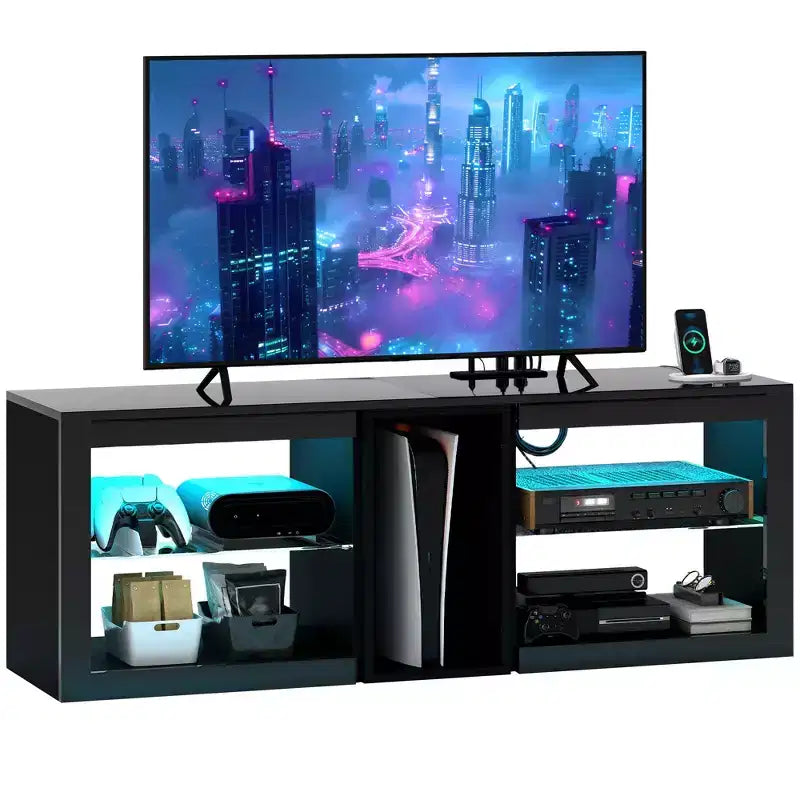 HOMCOM Modern TV Stand with LED Lights and Power Outlets for 55 Inch TV, 51 High Gloss Entertainment Center with Adjustable Glass Shelves