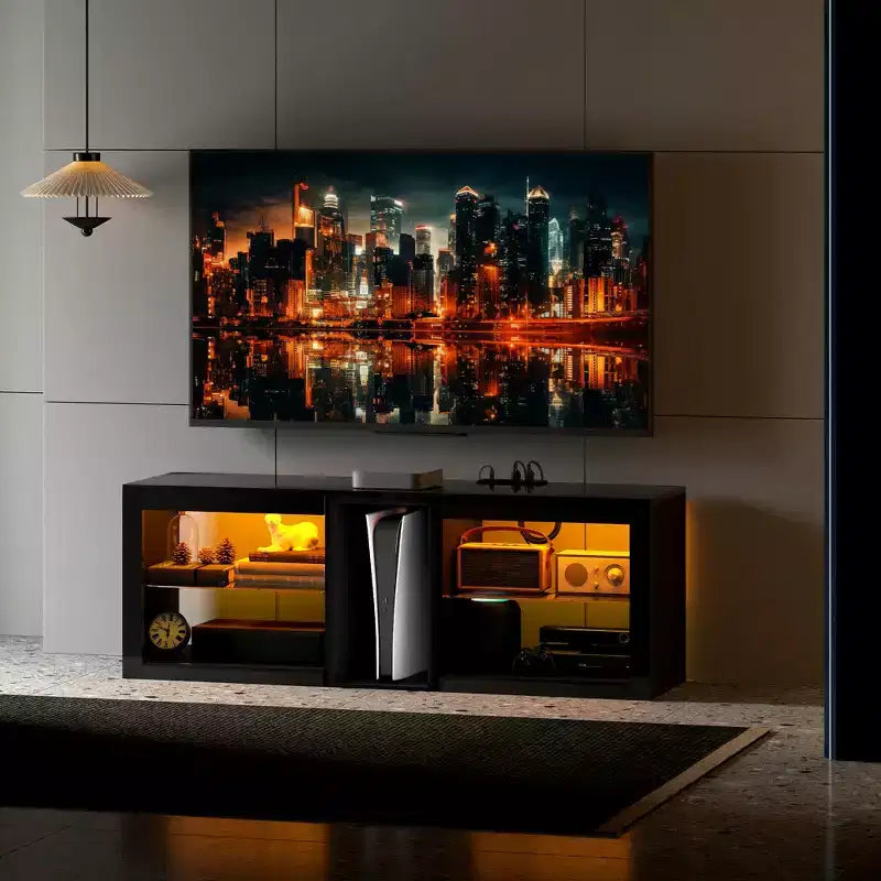 HOMCOM Modern TV Stand with LED Lights and Power Outlets for 55 Inch TV, 51 High Gloss Entertainment Center with Adjustable Glass Shelves