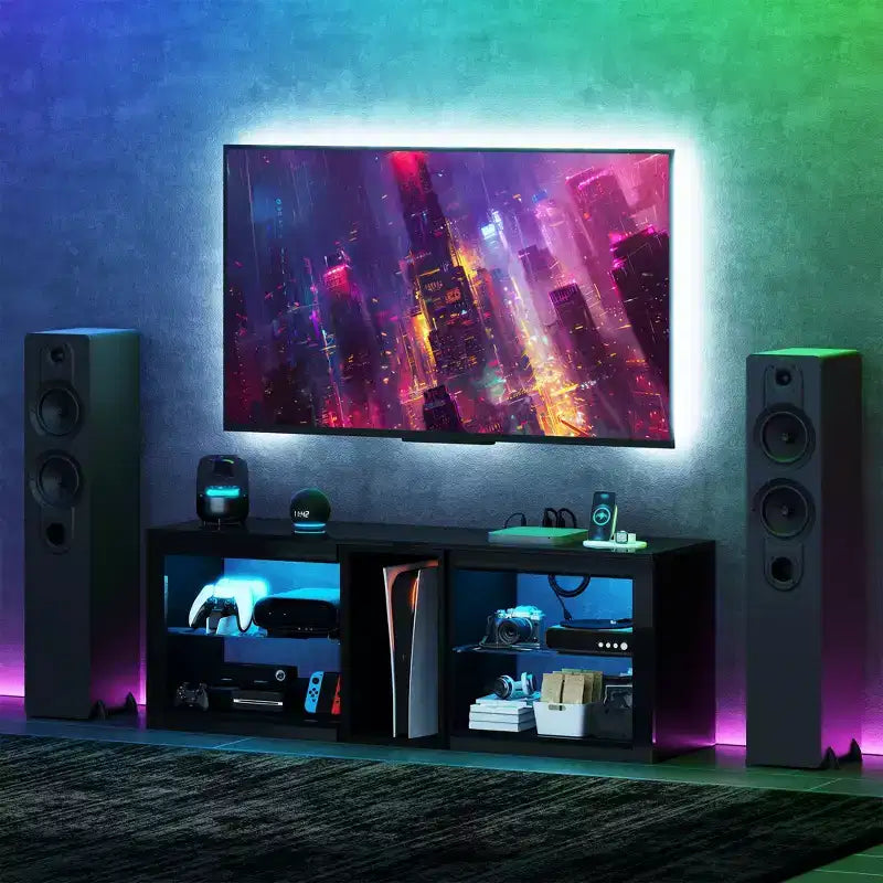 HOMCOM Modern TV Stand with LED Lights and Power Outlets for 55 Inch TV, 51 High Gloss Entertainment Center with Adjustable Glass Shelves