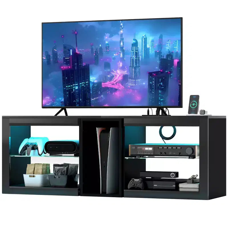 HOMCOM Modern TV Stand with LED Lights and Power Outlets for 55 Inch TV, 51 High Gloss Entertainment Center with Adjustable Glass Shelves