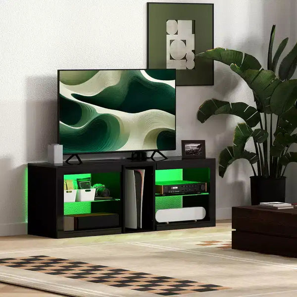 HOMCOM Modern TV Stand with LED Lights and Power Outlets for 55 Inch TV, 51 High Gloss Entertainment Center with Adjustable Glass Shelves