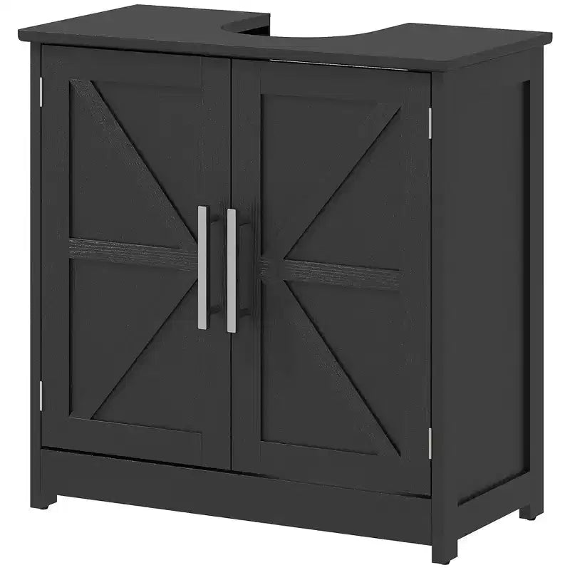 HOMCOM Farmhouse Pedestal Sink Storage Cabinet, Freestanding Bathroom Sink Cabinet with 2 Barn Doors and Adjustable Shelf