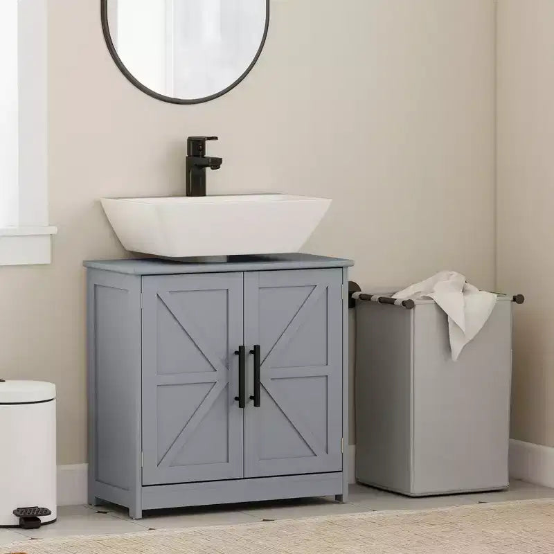 HOMCOM Farmhouse Pedestal Sink Storage Cabinet, Freestanding Bathroom Sink Cabinet with 2 Barn Doors and Adjustable Shelf