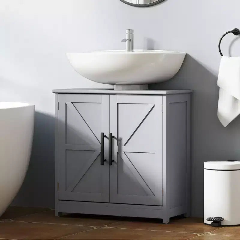 HOMCOM Farmhouse Pedestal Sink Storage Cabinet, Freestanding Bathroom Sink Cabinet with 2 Barn Doors and Adjustable Shelf