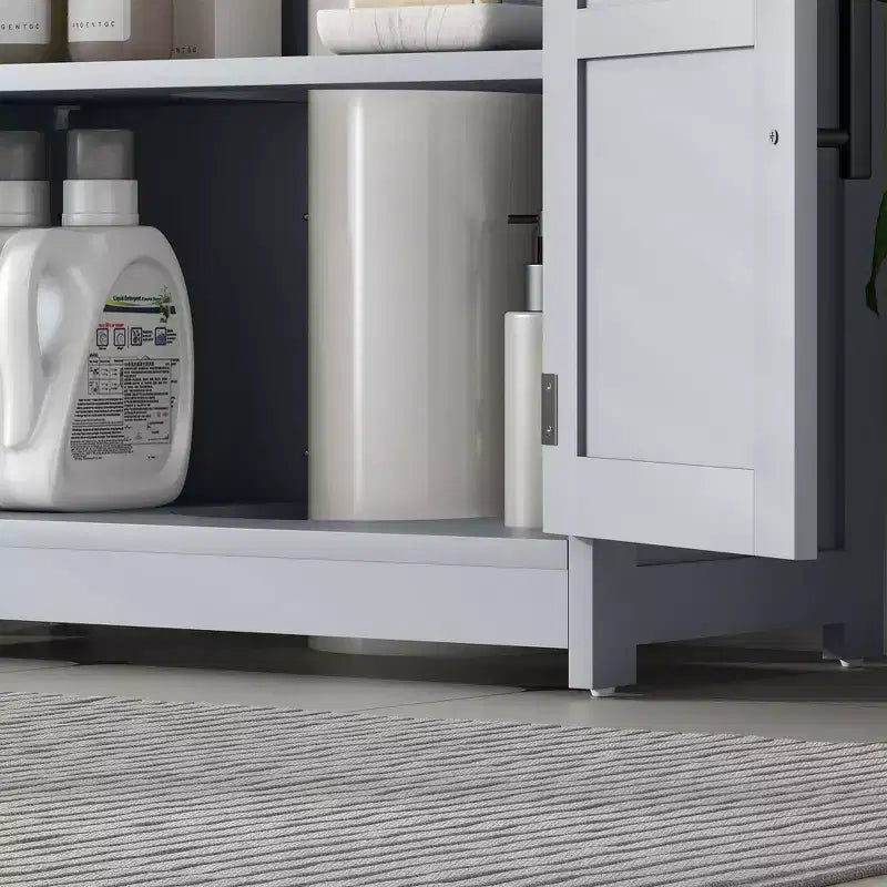 HOMCOM Farmhouse Pedestal Sink Storage Cabinet, Freestanding Bathroom Sink Cabinet with 2 Barn Doors and Adjustable Shelf