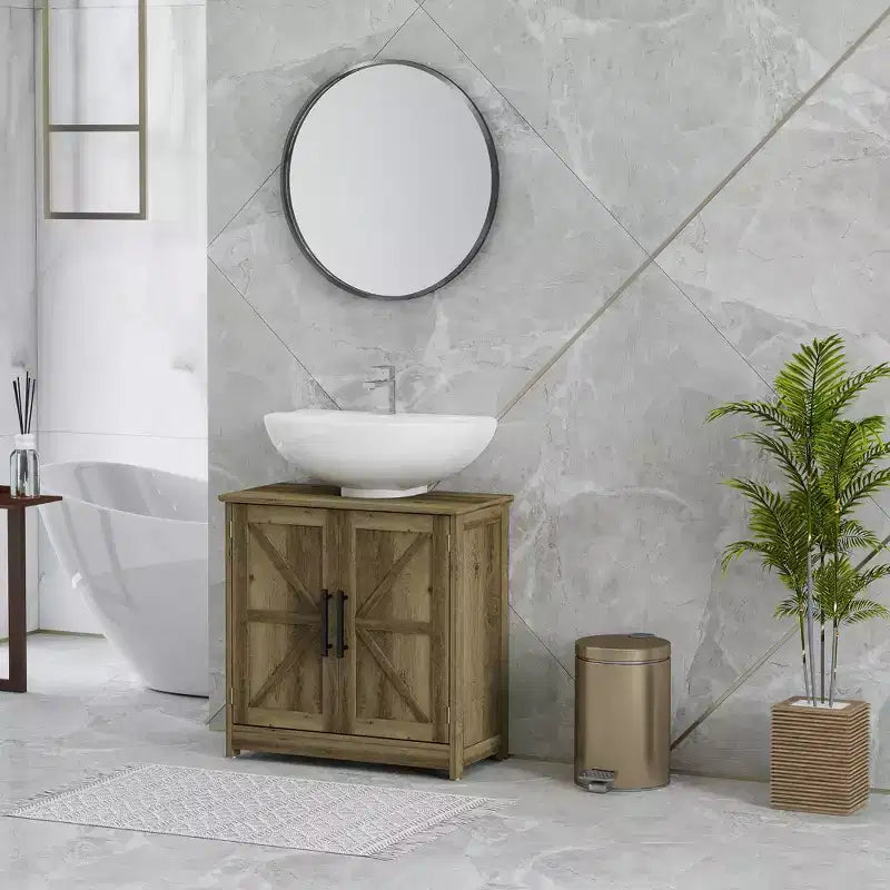 HOMCOM Farmhouse Pedestal Sink Storage Cabinet, Freestanding Bathroom Sink Cabinet with 2 Barn Doors and Adjustable Shelf