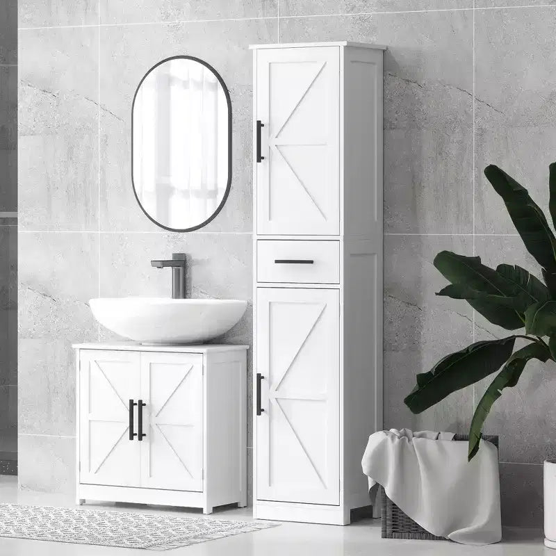 HOMCOM Farmhouse Pedestal Sink Storage Cabinet, Freestanding Bathroom Sink Cabinet with 2 Barn Doors and Adjustable Shelf