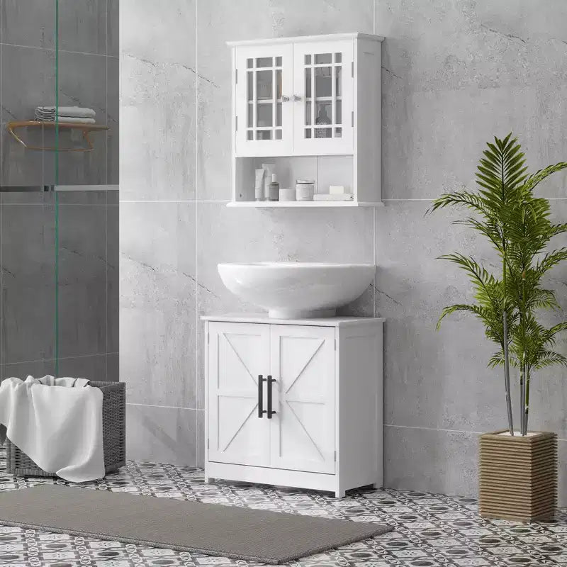 HOMCOM Farmhouse Pedestal Sink Storage Cabinet, Freestanding Bathroom Sink Cabinet with 2 Barn Doors and Adjustable Shelf