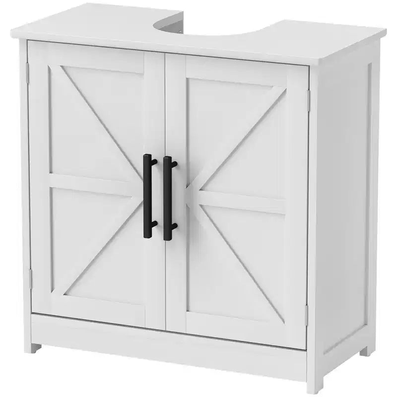 HOMCOM Farmhouse Pedestal Sink Storage Cabinet, Freestanding Bathroom Sink Cabinet with 2 Barn Doors and Adjustable Shelf
